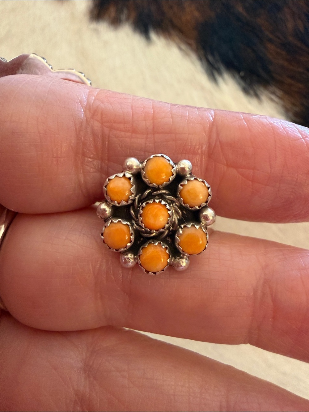 ❤️Signed Navajo Elaine Becenti Native Orange Spiny Oyster Cluster Ring Size 7.25